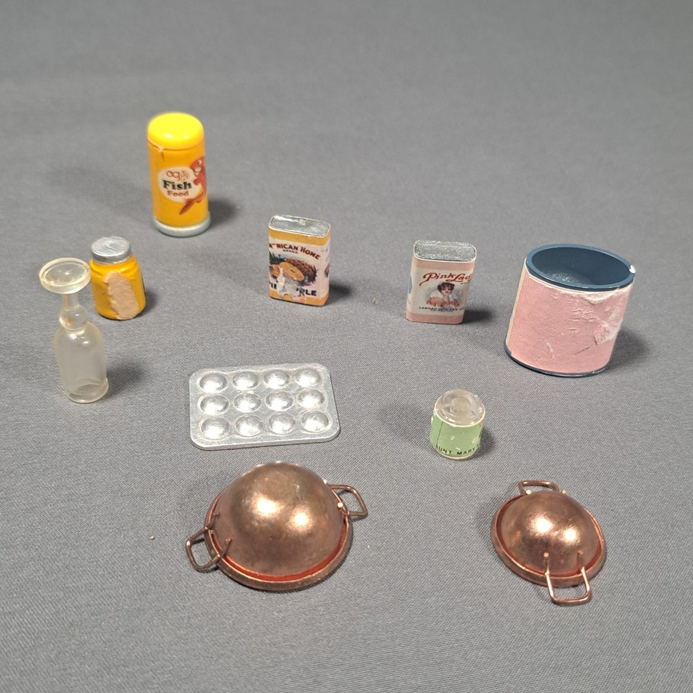 VTG Dollhouse Kitchen Miniatures Lot Copper Pots Food Cans Muffin Tin Diorama - Picture 2 of 4